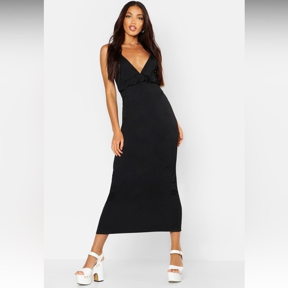 BOOHOO Black Spaghetti Strap Maxi Dress With Ruffle Detailing Size: 14 - Picture 3 of 9